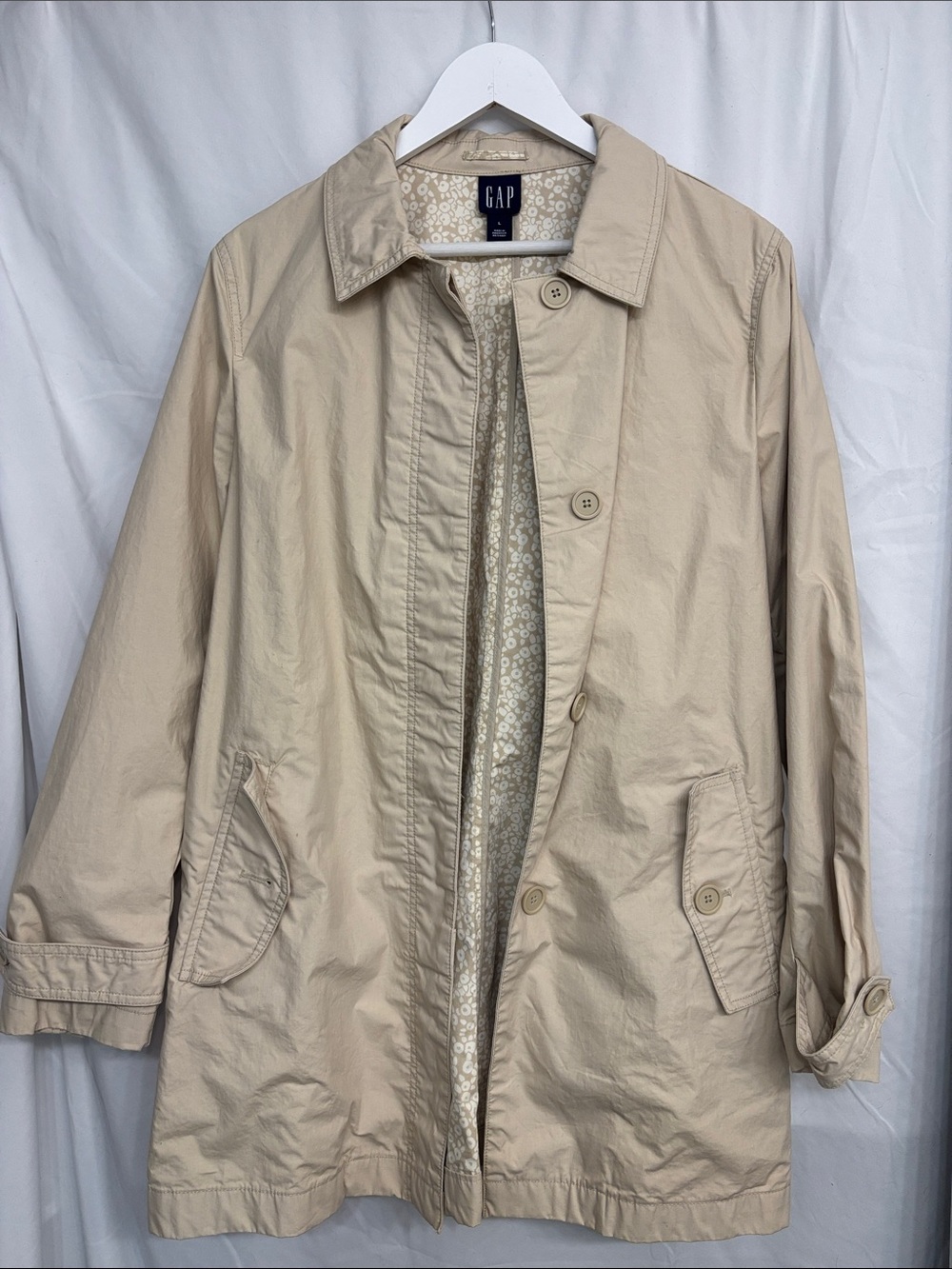 Vintage Y2K GAP Beige Trench Coat Floral Lined Jacket Size 8.